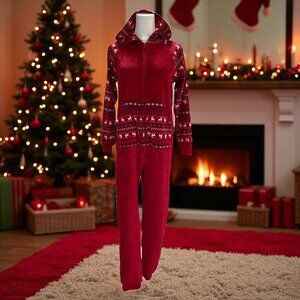 Cat And Jack Red Christmas Reindeer Fleece Onesie Pajamas XL 14 Ladies Small